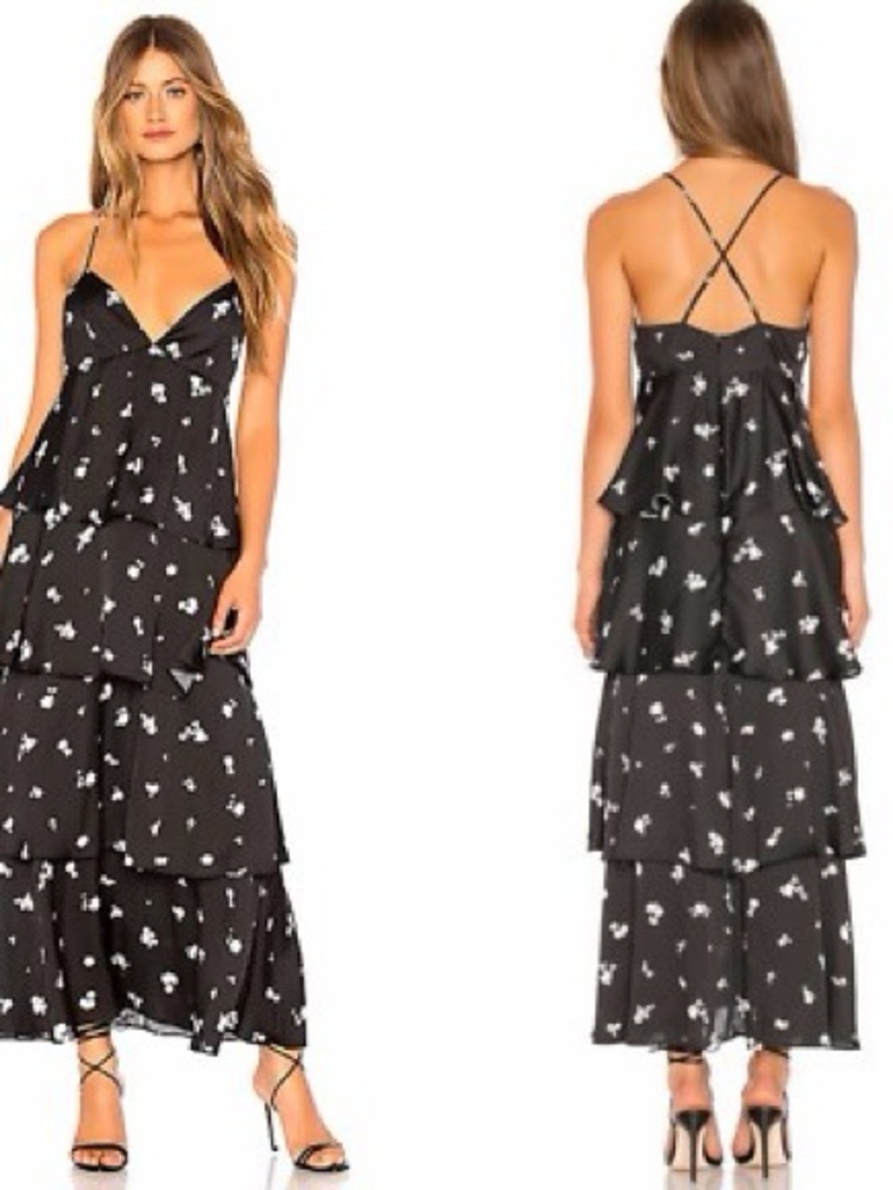 Bardot Black Floral Tiered Maxi Dress with Spaghetti Straps